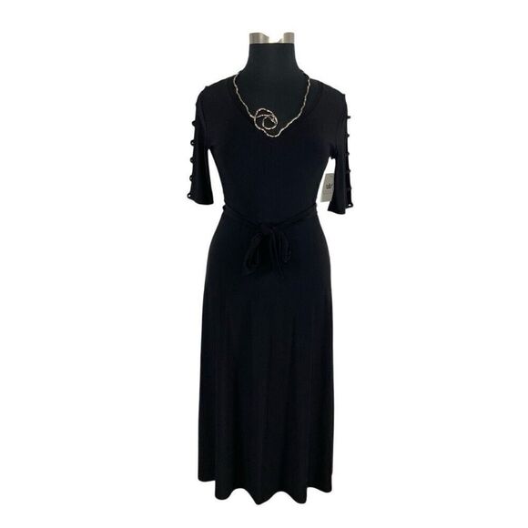 Chaus L Black Maxi Dress Textured Terrain Travel Evening Event Cut Outs Goth NWT - Picture 1 of 9